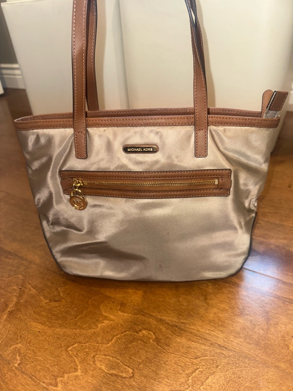 Michael Kors Satin Champagne Tote with Tan Leather Trim